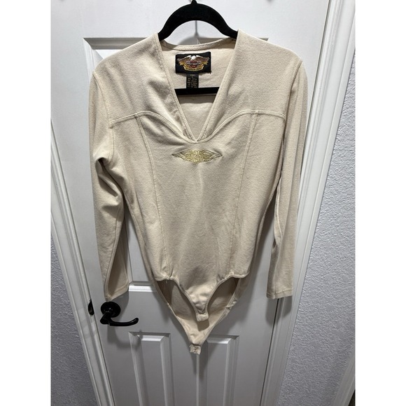 VTG Harley-Davidson Women's Bodysuit L Beige V-Neck L Sleeve‎ Gold Wing Logo - Picture 7 of 7